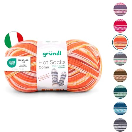 Gründl Laine Hot Socks Como 4 brins - Laine pour chaussettes pour 1 paire de chaussettes - Doux et doux pour la peau - 75% laine vierge, 25% polyamide - 1 pelote de 100 g / 420 m - Taille des