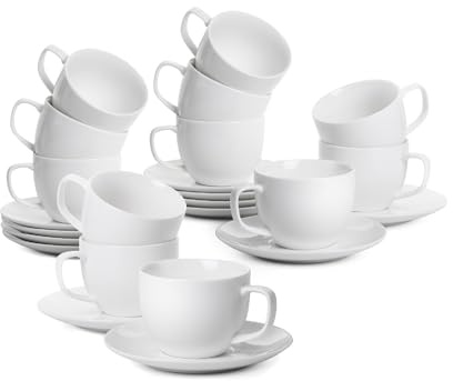 BTaT- Cappuccino Cups with Saucers 8 oz, Set of 12, White Porcelain Coffee Cup and Saucer Set for Latte, Mocha, Tea, Au Lait, Flat White, Dishwasher, Microwave, Freezer and Oven Safe