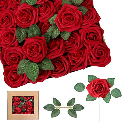 thirei 25 Stück Kunstblumen Rosenköpfe mit Blatt, Künstliche Blumen Rosen, Einzelne Langstielige Blumen, mit Stielen Schaumstoff-Rosen, für DIY Hochzeitsstrauß, Valentinstagsgeschenk, Rot
