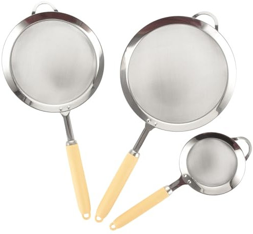 AHAQU 3PCS Sieves and Strainers, 10/15.7/18cm Stainless Steel Sieve Set with Handle, Sturdy Kitchen Fine Mesh Strainers for Flour, Tea, Juice, Coffee- Yellow