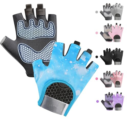 CubePlug Guantes de ciclismo antideslizantes para niños y niñas, medio dedo, palma acolchada para niños, ideales para montar en verano, MTB, bicicleta, deportes, senderismo, escalada y gimnasio (azul,