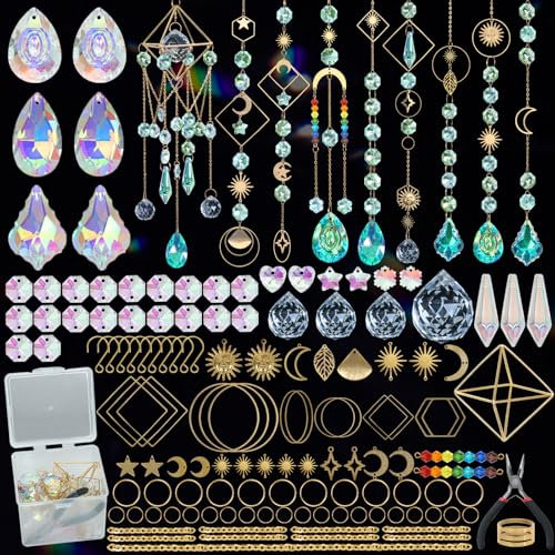 DEMIUKO 400 Pezzi Acchiappasole Cristallo DIY Kits Suncatcher Fai Da Te Acchiappasole da Appendere Campanelli a Vento Prisma Cristallo Pendenti per Decorazione da Finestra Giardino Ornamento (Sole)
