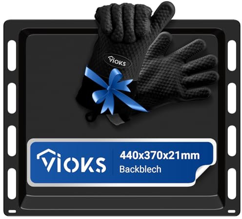 VIOKS Set di 1 teglia per forno con 2 guanti da barbecue, resistente al calore, ricambio per Bosch 00666902, padella per grasso da forno, set da forno in teglia da forno piccolo, 440 x 370 x 21 mm e