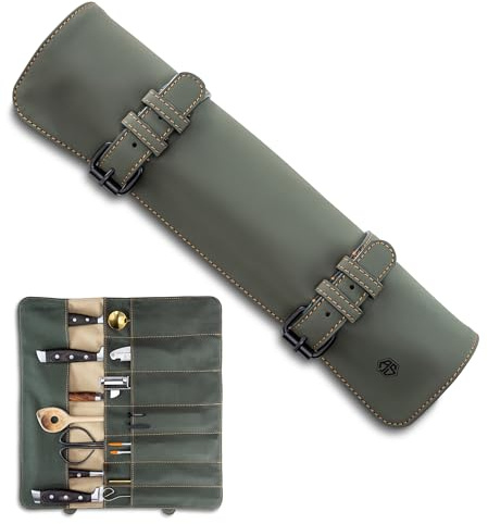 Angus Stoke Knivväska för kockknivar – 14 fack knivrulle för kockar – högkvalitativ rullväska för knivar, kockväska, Mathieu, Olivgrön, 40 x 38 x 1 cm, Rullknivväska