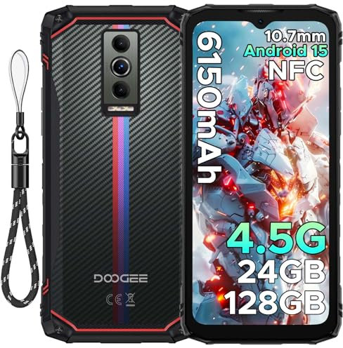DOOGEE Blade 10 Energy Rugged Smartphone - 10.7mm Ultra-Thin Rugged Phone, 6150mAh Battery Android 15 Phone with 24GB RAM+128GB ROM, 6.56 inch 90Hz Screen 16MP+8MP Cameras/NFC/Dual SIM/Face ID - Red
