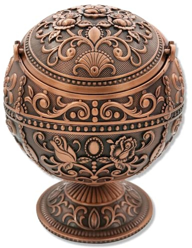 Cenicero Decorativo Vintage Estilo Europeo con Tapa - Cenicero Metálico Cortavientos para Decoración de Hogar y Oficina Interior Exterior - Idea de Regalo Única para Fumadores y No Fumadores (E)