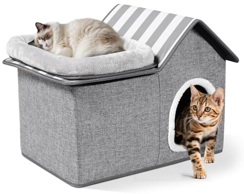 Zvonema Casa para gatos, 2 pisos, cueva de fieltro, protección de las uñas de los gatos, estable casa para gatos interior con cojín suave y lavable, cama plegable para mascotas pequeñas y medianas, 57