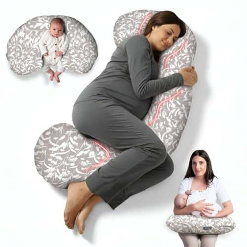 Cuscino per gravidanza 3 in 1, supporto per tutto il corpo, per donne incinte, cuscino regolabile a forma di C per dormire, allattare e sdraiarsi, fodera in cotone biologico lavabile (erbe foraggiate)