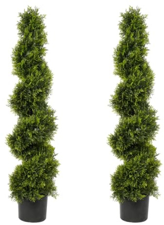 Best Artificial Pair of 120cm 4ft Cedar Conifer Spiral Topiary Trees **UV Fade Protected**