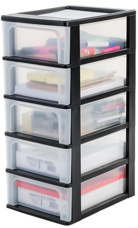 Iris Ohyama Plastic Storage Drawers Unit, 5 Shallow Drawers, Black, Easy-Pull Drawers, A4, A5 & A6 Format, File Organiser, For Office, School, Stationary, BPA Free, Chest, Tower, OCH-2005