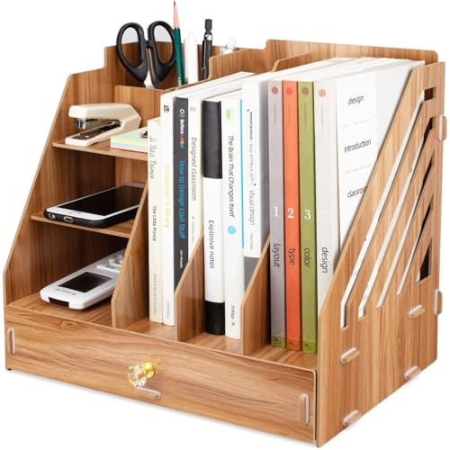 Tonsmile Office Wooden Stationery Desk Tidy Storage Organiser Holder Sorter for A4 Papers, Books, Pens, and Notebooks