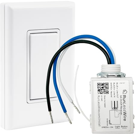 RunLessWire Self-Powered Wireless Light Switch & Receiver Kit, No Wires, Batteries or WiFi Needed for DIY Home Electrical Projects, 1 Remote Switch & 1 5amp Relay - White