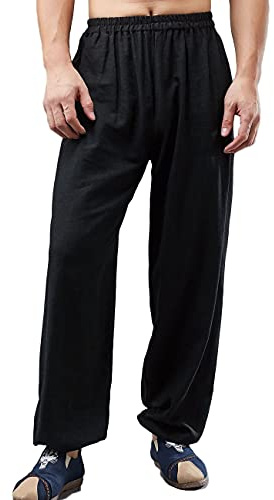 NFYM Men Pant Cotton Linen Elastic Waist Loose Fit Yoga Pant Casual Lightweight Gym Kungfu Trousers (Black, L)