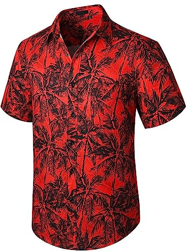 Enlision Chemise hawaïenne décontractée à Manches Courtes pour Homme avec Poche Avant Été Hawaii Vacance Plage Chemise Aloha Rouge Unisexe XL