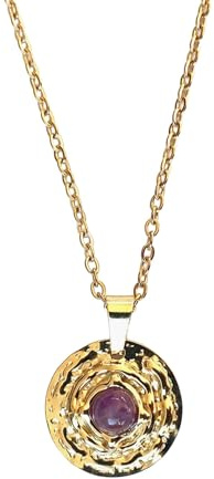 ASTER ALHELÍ - Collar Mujer Dorado con Piedra Natural - Cadena y Colgante Circular de Acero Inoxidable Color Oro - Amuleto Elegante y Minimalista - Joyería Artesanal Ideal para Regalo (Amatista)