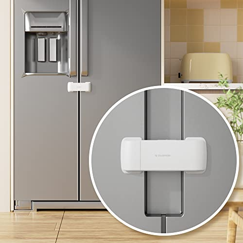 EUDEMON Updated French Fridge Lock French Door Refrigerator/Freezer Lock Apply to Max 2.28(58mm) Two Door Gap Distance,Cabinet Cupboard Lock for Kids & Babies,Easy to Install (White)