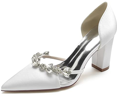 Scarpe da sposa con tacco a punta con strass, in raso, comode, con strass, da sposa, da sera, ballo di fine anno, feste, scarpe décolleté, bianco, 37 EU