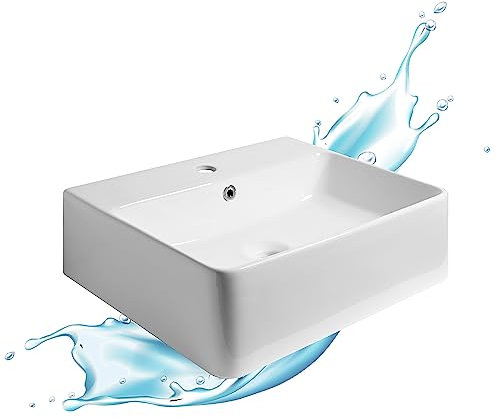 Lavabo Bagno forma Rettangolare in Ceramica Bianco Lucido Misure 53 x 42 x 15 cm - Per piani d'appoggio sospeso in bagno e mobili da toilette