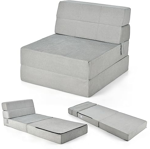RELAX4LIFE Materasso Ospite Pieghevole 3 in 1, con Funzione Letto e Poltrona in Schiuma Spessa 15 cm, con Fodera lavabile, per Viaggi in Campeggio, 190x71x15 cm (Grigio)