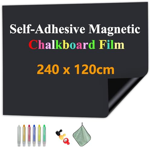 JOMUSAGA Tafelfolie Magnetisch Selbstklebend, 240 x 120 cm Magnetfolie, Abwischbar Kreidefolie, Magnettafel Folie Kind Wand für Haus Büro Schule, mit Wasserbasierende Kreidemarkern& Magnete & Tuche