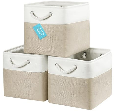 OrganiHaus Fabric Storage Boxes, Set of 3 Foldable 28x28 Cube Organiser Bins with Rope Handles for Shelves, Nursery & Closet, Collapsible Storage Baskets for Toys, Clothes & More - Beige/Off-White