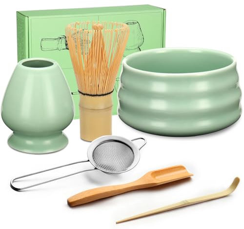 Geebuzz Matcha Whisk Set - Matcha Bowl and Bamboo Matcha Whisk, Scoop, Spoon, Sifter, Whisk Holder, 6pcs Perfect Matcha Starter Kit for Matcha Tea Ceremony (Green)