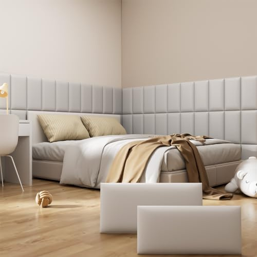 Greymond Peel and Stick Headboard Grey Upholstered Wall Panels, 12 Panels Sized 7.8 x 15.7, 3D Anti-Collision Soundproof Self-Adhesive Wall Panel for Bedroom
