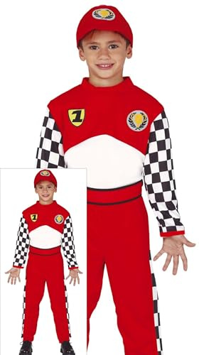 FIESTAS GUIRCA | Costume Pilota di Formula Bambini (3-4 Anni) - Tuta, Cintura e Cappello - Costumi da Corsa e Sport per Halloween, Carnevale e Feste in Maschera - Ideale per Bambini - Rosso e Bianco