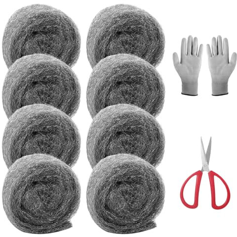Lana de acero contra ratones, lana de acero para ahuyentar a los ratones, lana aislante de construcción contra ratones, 5 metros por rollo, guantes y tijeras incluidos, para agujeros grietas en las