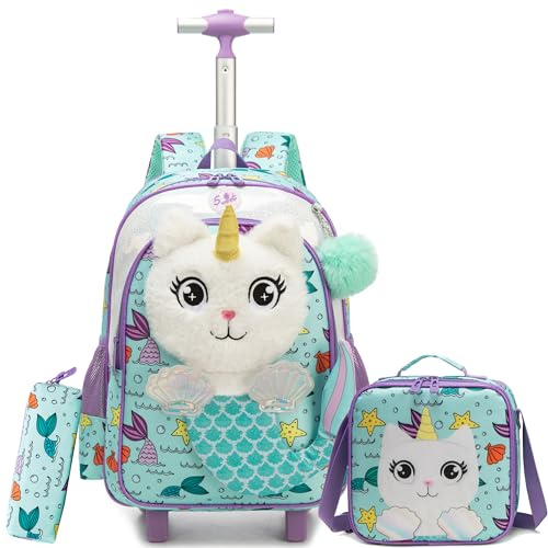 HTgroce School Bag with Wheels Girls Backpack Trolley Children's Backpack School Bag, Cat, 42 x 30 x 20 cm, 23 x 20 cm, 23 cm