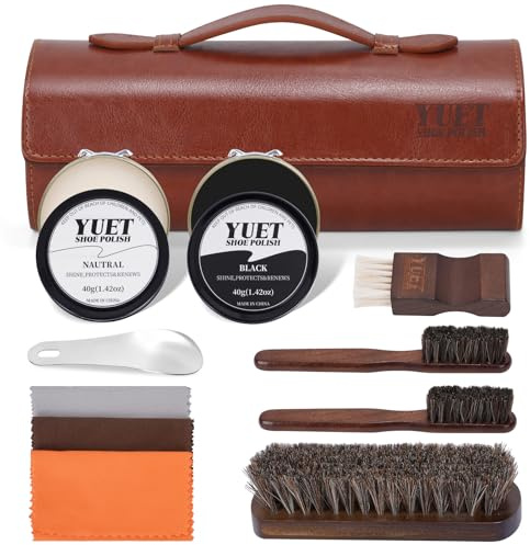 YUET Kit Lustrascarpe con Custodia in Pelle PU, Kit Spazzola Lustrascarpe da Viaggio in 11 pezzi, Spazzola, Panno, Calzascarpe, kit per la Cura delle Scarpe e Degli Stivali in Pelle