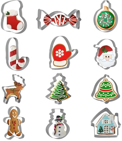 12PCS Moldes Galletas Navidad Cortadores de Galletas Navideñas Cookie Cutters Acero Inoxidable Muñeco Nieve Reno Copo Nieve Cortador Muchos Papá Noel Otros Elementos Navidad Elementos DIY Decoraciones