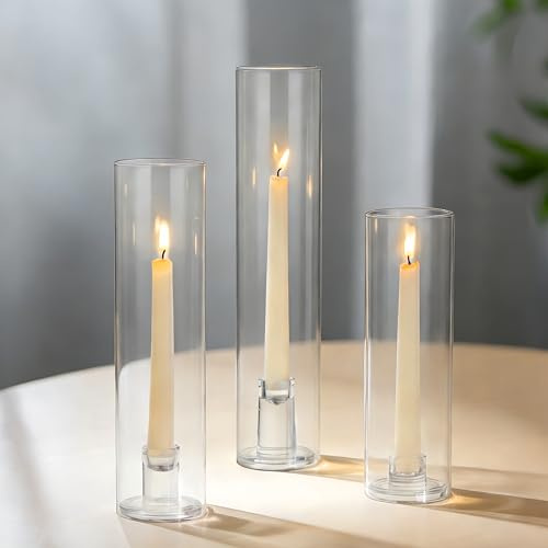 Glasseam Hurricane Glass Candlestick Holders: Set of 3 Taper Candle Holder with Cylinder Shade Tall Candle Sticks Holder for Table Centerpiece Outdoor Wedding Home Decor 25cm/30cm/35cm