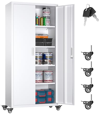 LOCENHU Armoire de garage mobile en métal de 180 cm de haut avec roulettes, porte verrouillable et étagères réglables, convient pour la maison, le bureau, la cave, le rangement et l'atelier, blanc