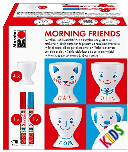 Marabu 0125000000099 - Porcelain & Glas Painter Kids, Set Morning Friends, spülmaschinenfest nach Einbrennen, Set mit 4 Eierbecher, 2 Farben Porzellan- und Glasmalstift KiDS rot blau, Spitze 1 - 3 mm
