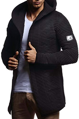 Leif Nelson Herren Strickjacke lang mit Kapuze & Reißverschluss (Schwarz, Größe XL) - Strick Sweatjacke Männer Cardigan für Winter