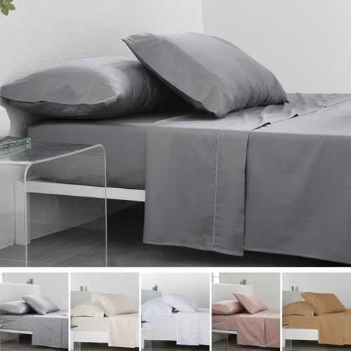 COTTON ARTean Juego de sábanas 150x190/200 Saten algodón Egipcio 300 Hilos LEUNA gris 4 piezas: Encimera, 2 Fundas de Almohada, Bajera Ajustable