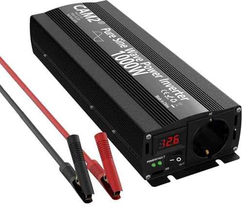 Inversor de corriente de onda sinusoidal pura, 1000 W/CAM2 de 12 V a 220 V-240 V, potencia máxima de 2000 W con enchufe de 1EU y pantalla LED para ordenador portátil, Pad, Händy, detección inteligente