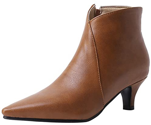 Lroey Reoly Women Kitten Heel Ankle Boots, Simple Dress Booties Pointed Toe Zip Mid Heel Booties 081 Brown Size 5 UK/39