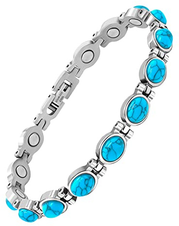 JEROOT Koppararmband för kvinnor, ren koppar, magnetiskt armband med 6 kraftfulla magneter vintage blomma koppararmband med 2 turkosa för artrit handled, [Adjustable], Turkos magnet rostfritt stål