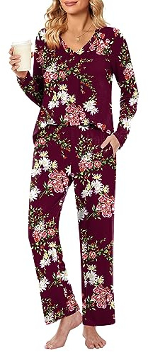 Bestbee Women's Pyjama Sets Plus Size, 2 Piece V Neck Nightwear Lounge Outfits Long Sleeve Long Pants With Pockets Ladies Pjs Set, XL, Floral Wine