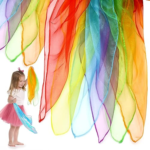 Yoolly Sensory Scarves, 6 Pack Rainbow Silk-Like Chiffon, 60x60cm | Square Dance Scarves, Multi-Colour Set, Stage Props, Children's Sensory Toys, Breathable Fabric