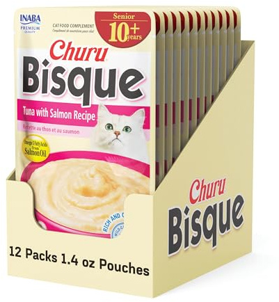 INABA Churu Bisque for Cats Senior 10+, Creamy Purée Side Dish Pouch, 1.4 Ounces per Pouch, 12 Pouches Total, Tuna with Salmon Recipe