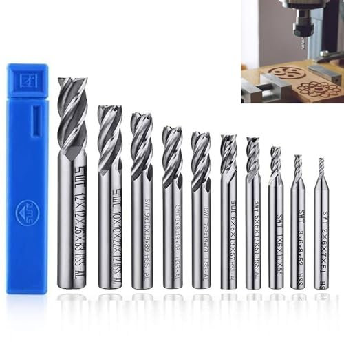 HSS Schaftfräser, 10 Stück 2-12 mm, 4 Flöte Spiralfräser CNC Fräse für Metall Holz Acryl, Schaftfräsersatz für Drehmaschine, Hartmetall Fräser für Präzisionsbohren