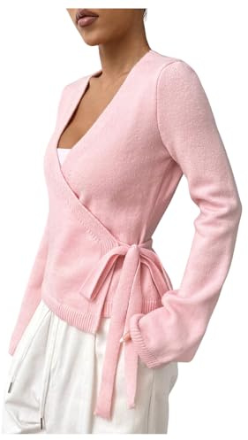 Verdusa Women's Cozy V Neck Wrap Sweater Tie Front Cute Holiday Cardigan Pink Medium