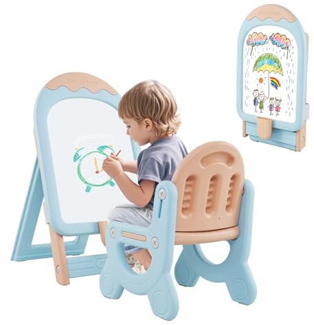 GOPLUS Tableau Enfants Pliant avec Tabouret Enfant, Chevalet Enfants à Hauteur Ajustable Tableau Blanc Effaçable, Feutres, Effaceur à Sec, Jouets Magnétiques, pour Garçons Filles 1+ Ans (Bleu)