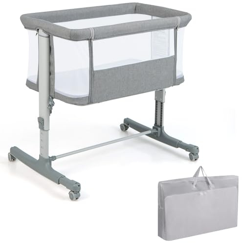 COSTWAY 3 in 1 Culla Neonato Fianco Letto, Lettino Neonato Dondolo con Materasso, Culla Co-Sleeping Fino a 9 kg, Altezza Regolabili, 84 x 59,5 x 80,5cm (Grigio)