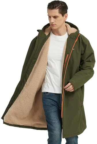 NORDIC OUTLAND Waterproof Winter Coat, Sherpa Lined Hooded Parka, Windproof Change Robe with 4 Pockets, Long Sleeve (US, Alpha, Large, Regular, Regular, Army Green)