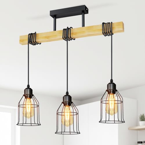 LVWIT Black Kitchen Lights Ceiling,Pendant Lighting,Vintage Hanging Lights,Wood Ceiling Light Fitting,3 Way Drop Light Ceiling,Industrial Ceiling Light for Lving and Dining Room(E27 Base,NO Bulbs)