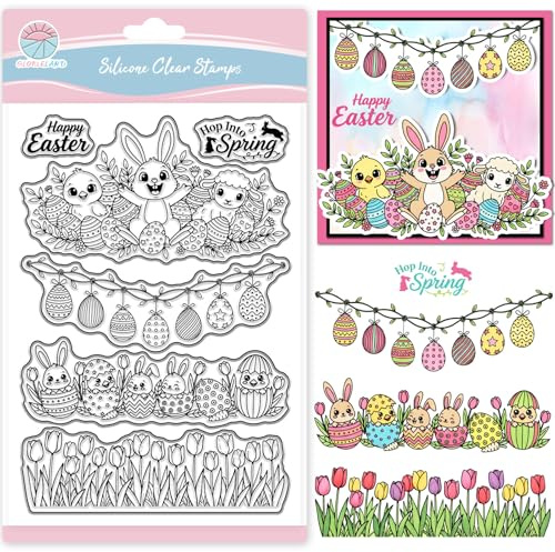 GLOBLELAND Ostertiere Eckstempel Set, Transparente Silikonstempel, Klare Stempel für Karten, 16x11cm, mit Hasen, Schafe, Küken, Tulpen Muster